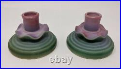 Weller Ware Candle Holders Sticks Pair Pottery Vintage Art Deco 1920s Scalloped