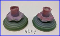 Weller Ware Candle Holders Sticks Pair Pottery Vintage Art Deco 1920s Scalloped