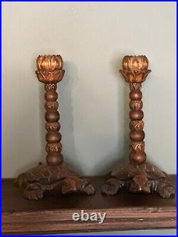 Wood Carved Turtle Lotus Flower Candlestick Holders (2) Rare Vintage Antique