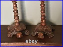 Wood Carved Turtle Lotus Flower Candlestick Holders (2) Rare Vintage Antique