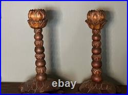 Wood Carved Turtle Lotus Flower Candlestick Holders (2) Rare Vintage Antique