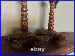 Wood Carved Turtle Lotus Flower Candlestick Holders (2) Rare Vintage Antique