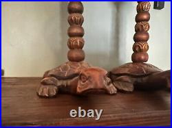 Wood Carved Turtle Lotus Flower Candlestick Holders (2) Rare Vintage Antique