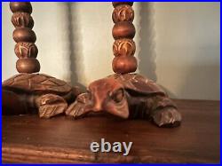 Wood Carved Turtle Lotus Flower Candlestick Holders (2) Rare Vintage Antique