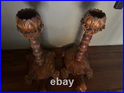 Wood Carved Turtle Lotus Flower Candlestick Holders (2) Rare Vintage Antique