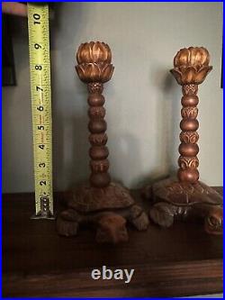 Wood Carved Turtle Lotus Flower Candlestick Holders (2) Rare Vintage Antique