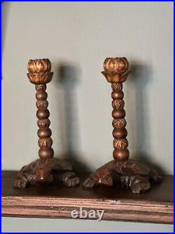 Wood Carved Turtle Lotus Flower Candlestick Holders (2) Rare Vintage Antique