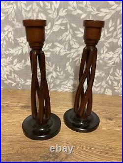 Wooden Candle Holders Open Twist Pair Candlestick 25cm Height Vintage