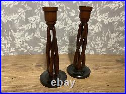 Wooden Candle Holders Open Twist Pair Candlestick 25cm Height Vintage