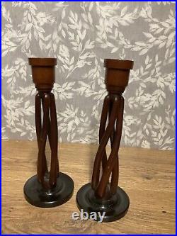 Wooden Candle Holders Open Twist Pair Candlestick 25cm Height Vintage