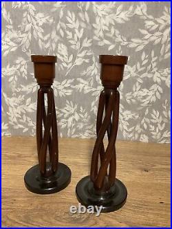 Wooden Candle Holders Open Twist Pair Candlestick 25cm Height Vintage