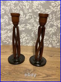 Wooden Candle Holders Open Twist Pair Candlestick 25cm Height Vintage