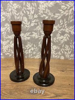 Wooden Candle Holders Open Twist Pair Candlestick 25cm Height Vintage