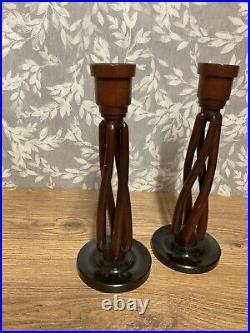 Wooden Candle Holders Open Twist Pair Candlestick 25cm Height Vintage