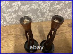 Wooden Candle Holders Open Twist Pair Candlestick 25cm Height Vintage