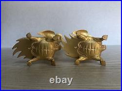 Y3777 Buddhist Altar Candlestick Crane Turtle pair golden Japan Candle Stand