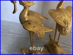 Y3777 Buddhist Altar Candlestick Crane Turtle pair golden Japan Candle Stand